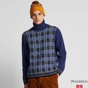 JW ANDERSON Uniqlo Navy and Light Blue Geometric Turtleneck Sweater FW19 Sz L
